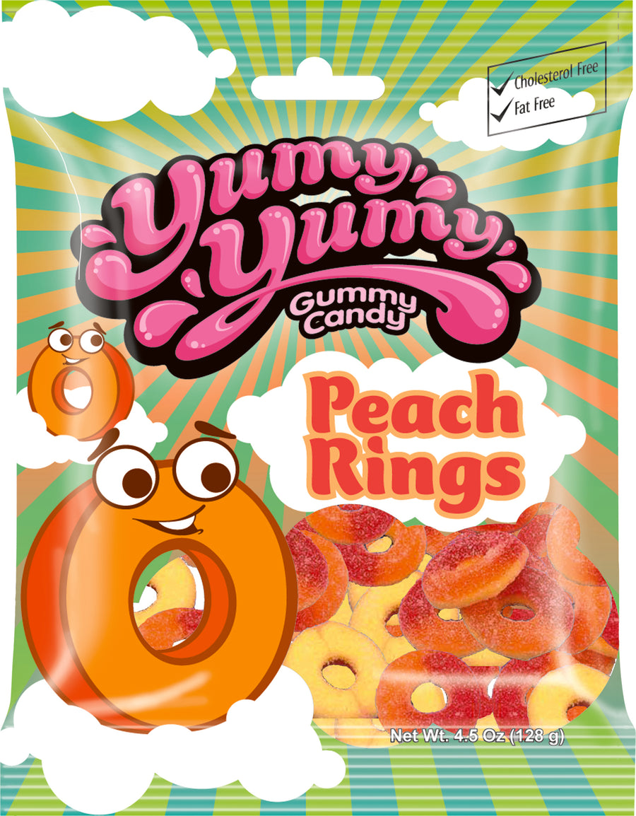 Kervan Yumy Yumy peach ring gummies peg bag, 4.50 oz (128 G), made in Turkey
