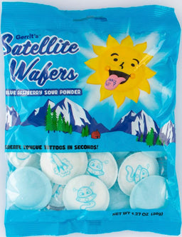 Gerrit's Blue Raspberry SATELLITE Wafers with Tongue Tattoo bags, case of 12, made in Netherlands