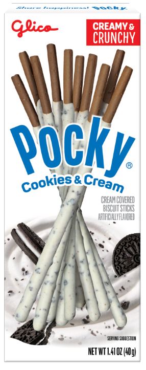 Pocky Cookies and Cream biscuit sticks, 1.41 oz pack, made in Indonesia