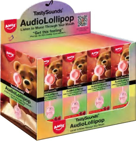 Amos TastySounds Sweet Pop Get This Feeling Audio Lollipop - Cherry, case of 24, made in China