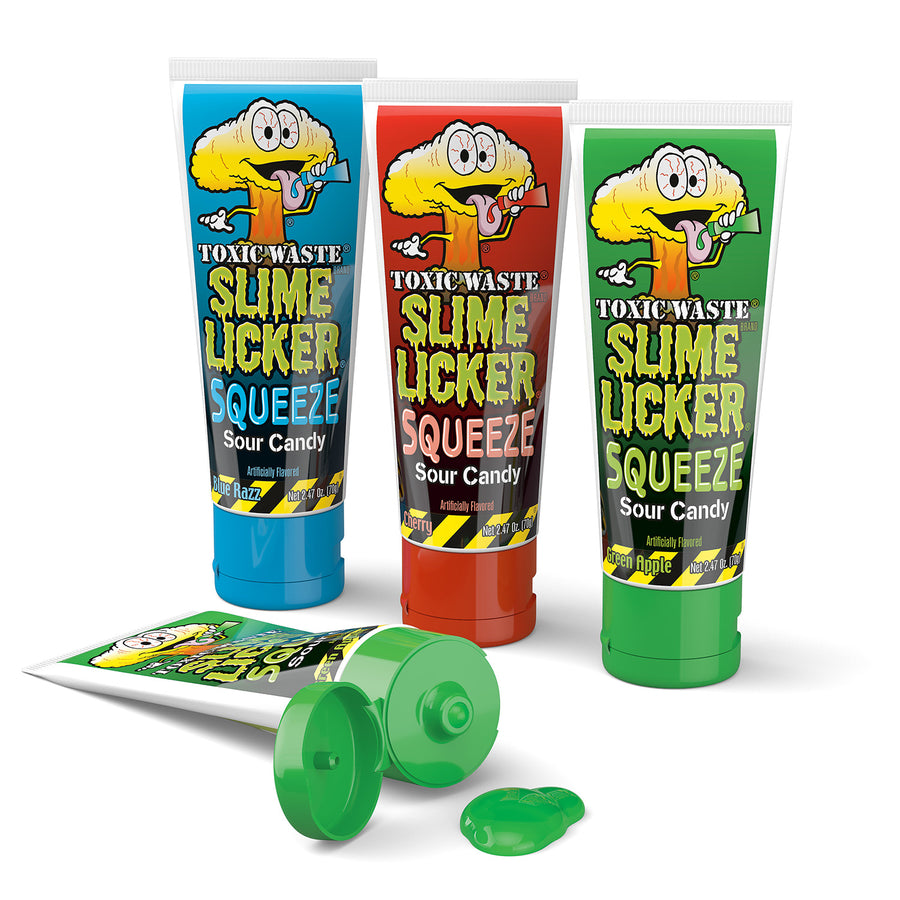 Toxic Waste Slime Licker Sour Squeeze Candy Blue Razz, Cherry and Apple novelty candy, 2.47 oz, made in Pakistan