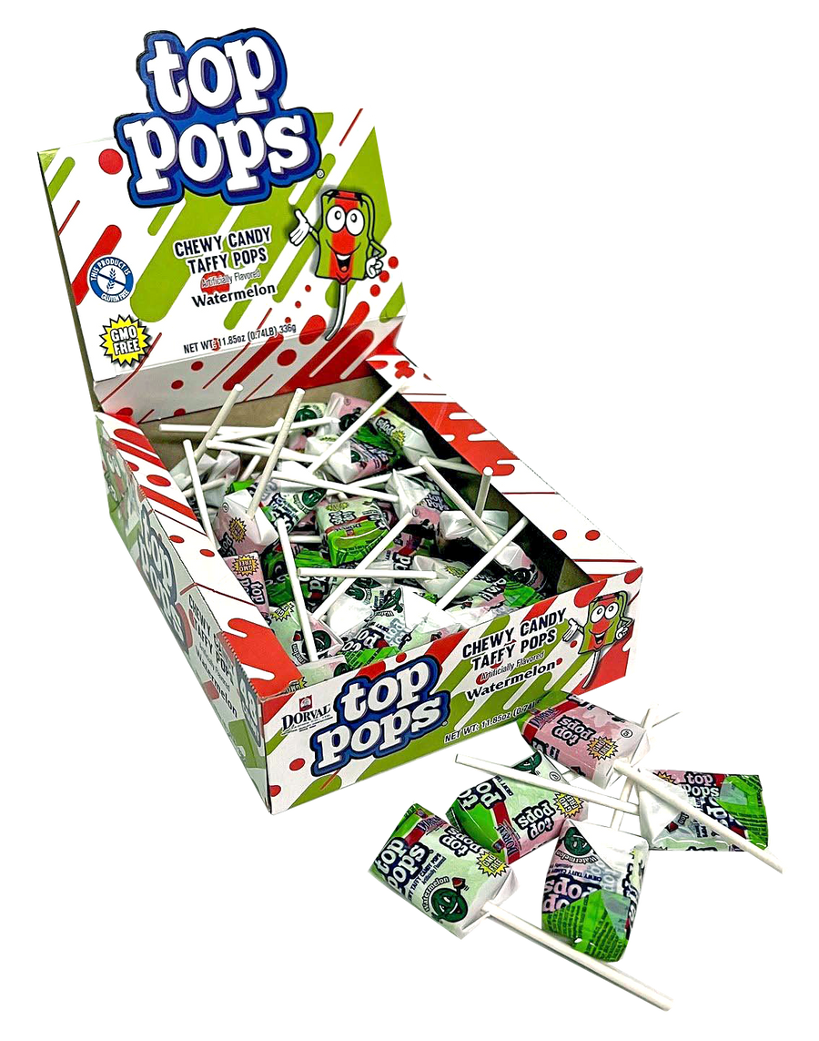 Dorval Top Pops watermelon flat lollipops, 0.35 oz, made in Mexico