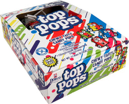 Dorval Top Pops red and blue raspberry flat lollipops, 0.35 oz, made in Mexico
