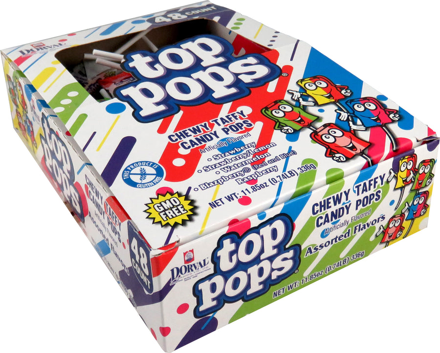 Dorval Top Pops red and blue raspberry flat lollipops, 0.35 oz, made in Mexico