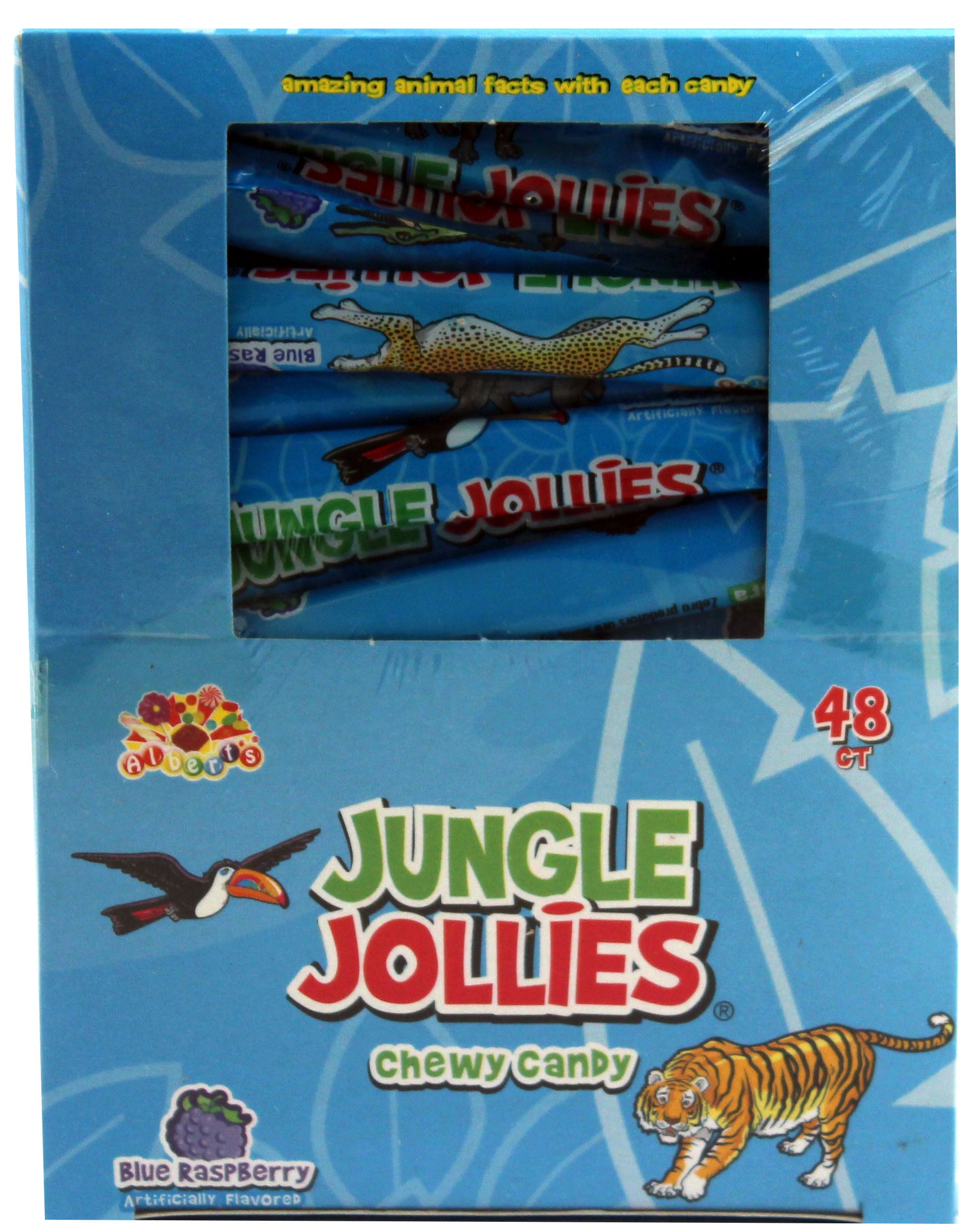 Albert's Jungle Jollies Blue Raspberry, 0.28 oz chewy candy, made in Colombia