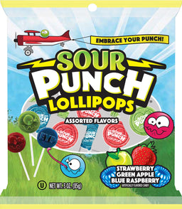 Sour Punch Pops 3 oz peg bag, sour lollipops, made in USA