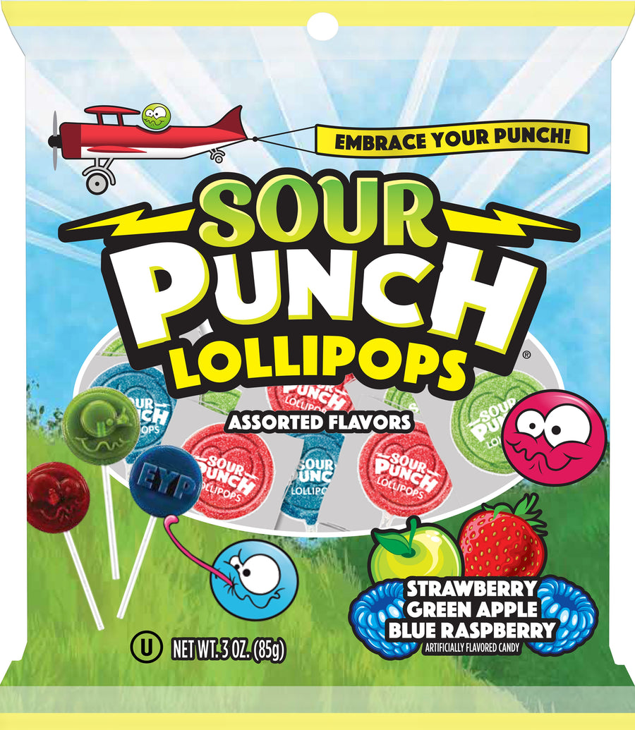 Sour Punch Pops 3 oz peg bag, sour lollipops, made in USA