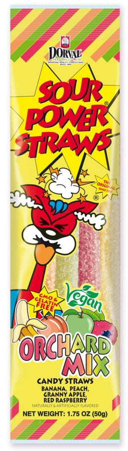 Dorval Sour Power orchard fruit mix chewy sour straws, 1.75 oz, made in Netherlands