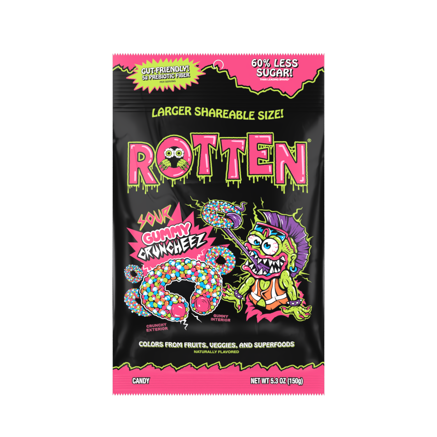 Rotten Sour Gummy Cruncheez, 5.3 oz bag, made in Mexico
