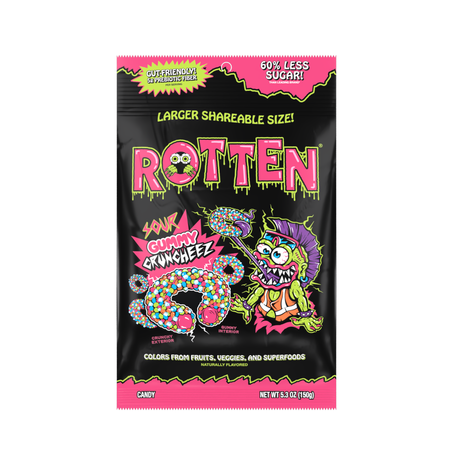 Rotten Sour Gummy Cruncheez, 5.3 oz bag, made in Mexico