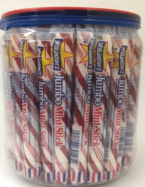 Atkinson Red and White Mint Sticks Jar mints, 0.7 oz, made in USA