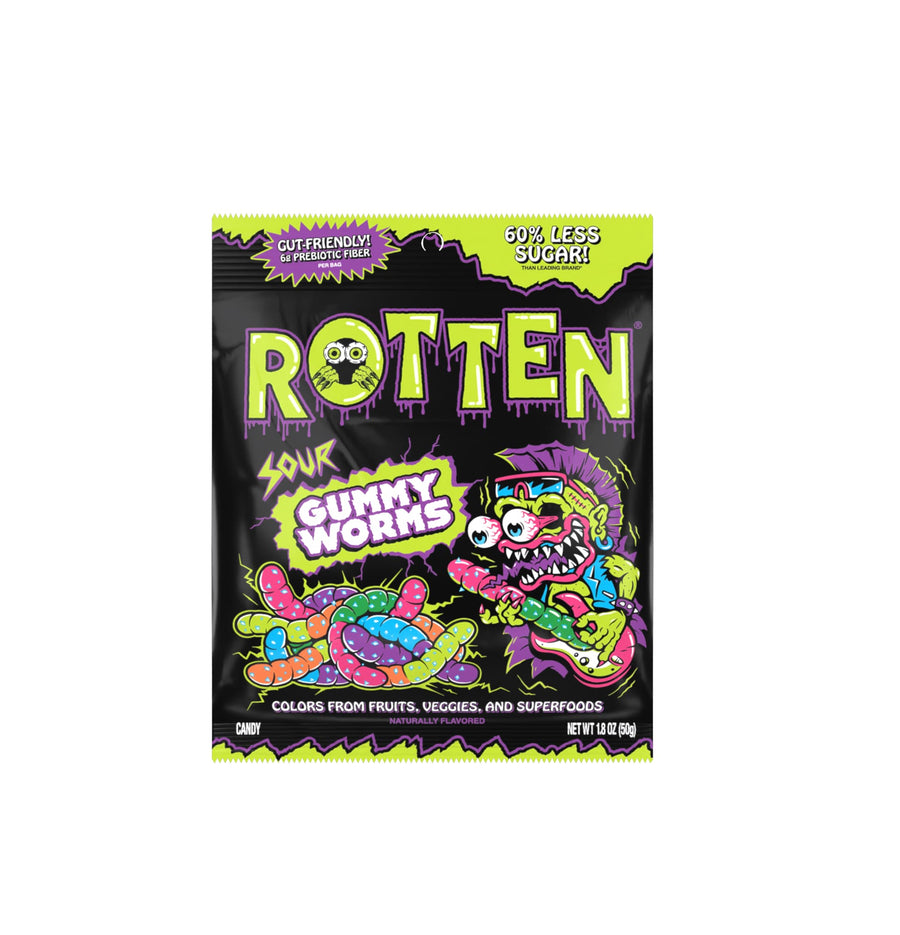 Rotten Sour Gummy Worms, 1.8 oz bag, made in USA