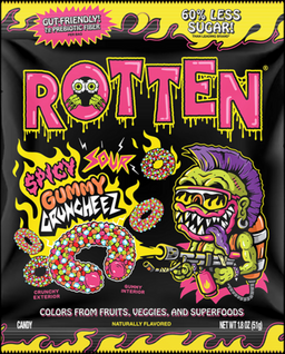 Rotten Spicy Sour Gummy Cruncheez, 1.8 oz bag, made in Mexico