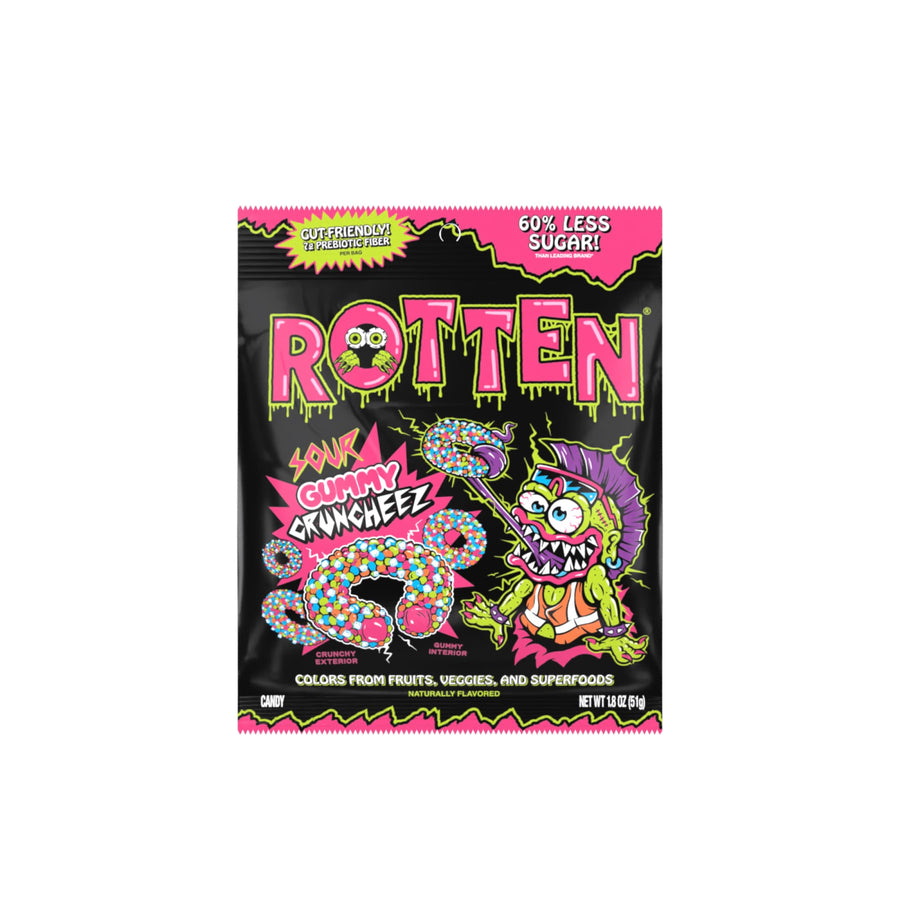Rotten Sour Gummy Cruncheez, 1.8 oz bag, made in Mexico