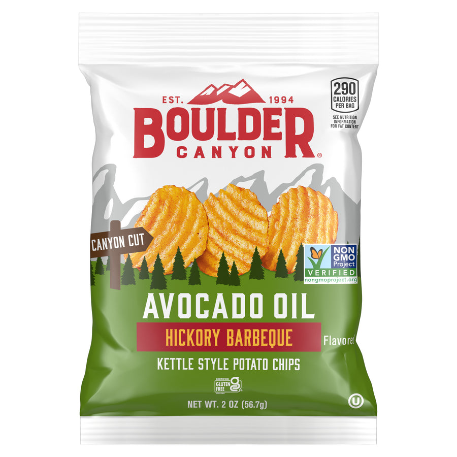 boulder avocado oil hickory bbq kettle chips, 2 oz, made in the USA