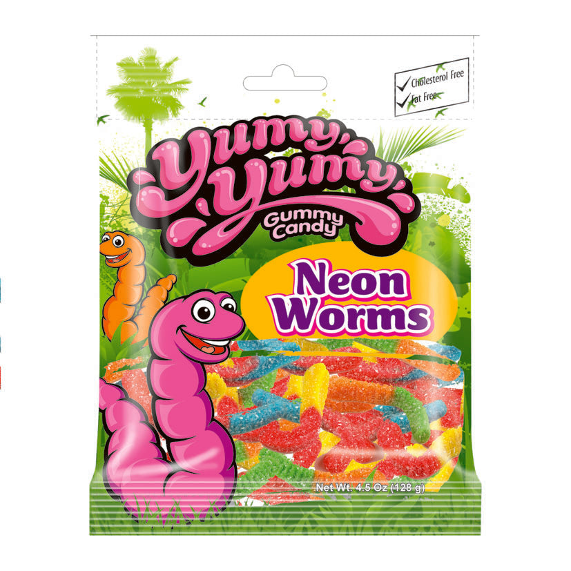 Kervan Yumy Yumy sour neon gummy worms peg bag, 4.50 oz (128 G), made in Turkey