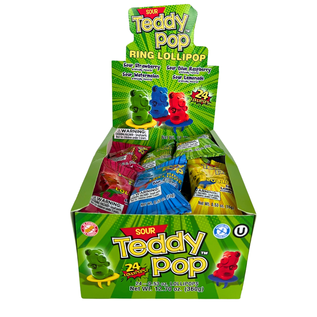 Teddy Pop Ring Lollipop 4 Flavors, 0.53 oz, made in Malaysia