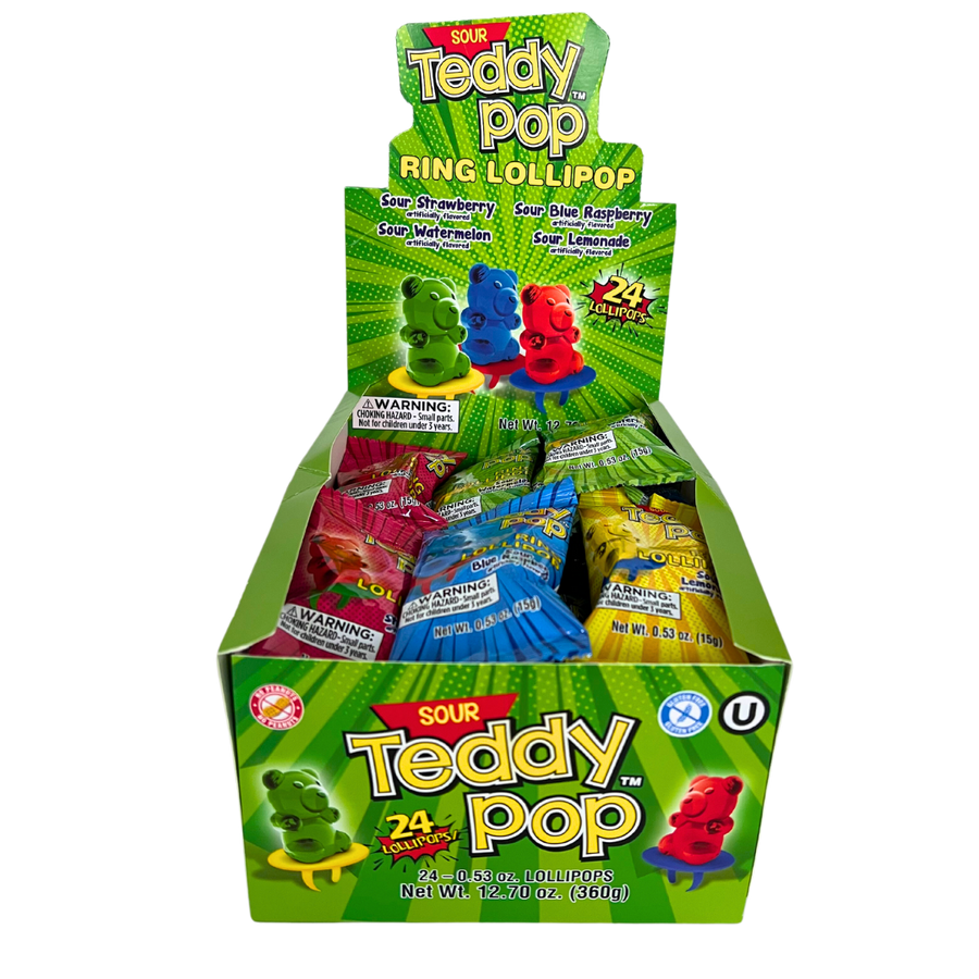 Teddy Pop Ring Lollipop 4 Flavors, 0.53 oz, made in Malaysia