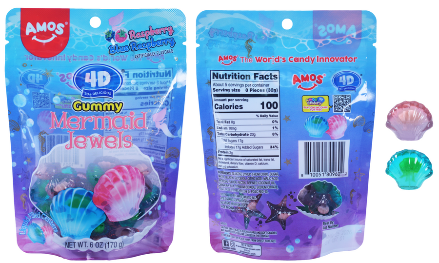 Amos 4D Gummy Mermaid Jewels, 6 oz (170 G), made in China