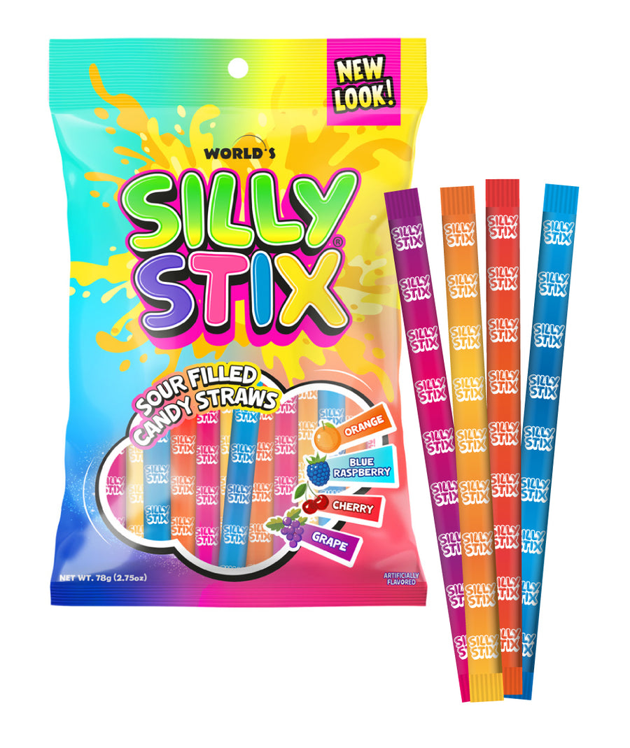 World Silly Stix straws peg bag candy, 2.75 oz, made in Colombia