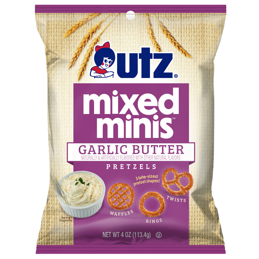 utz garlic butter mixed mini pretzels, 4 oz, made in the USA