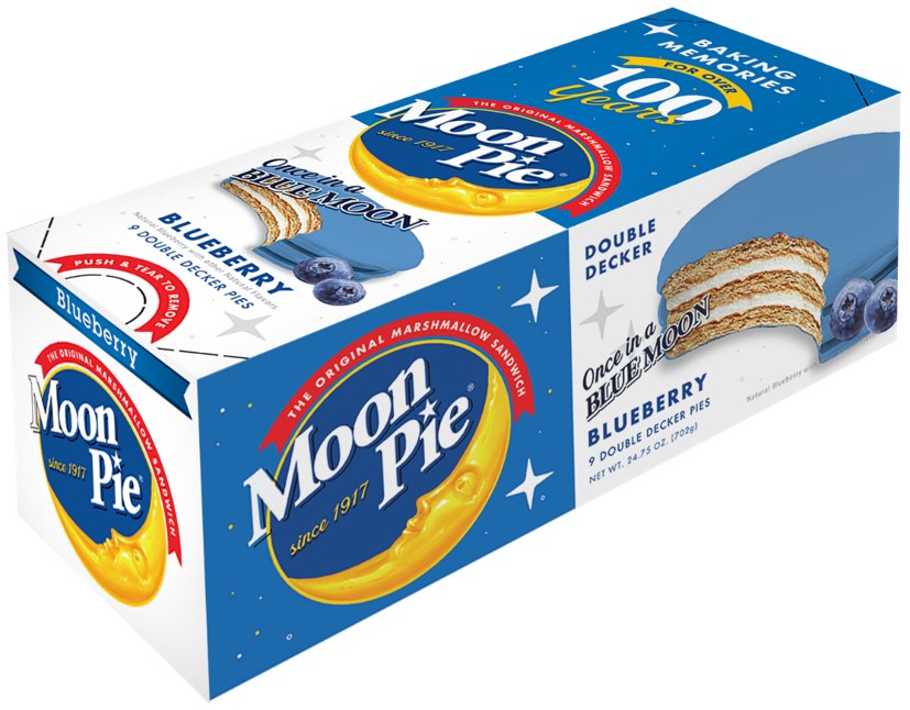 Moon Pie blueberry marshmallow snack in caddy, 2.75 oz, made in USA