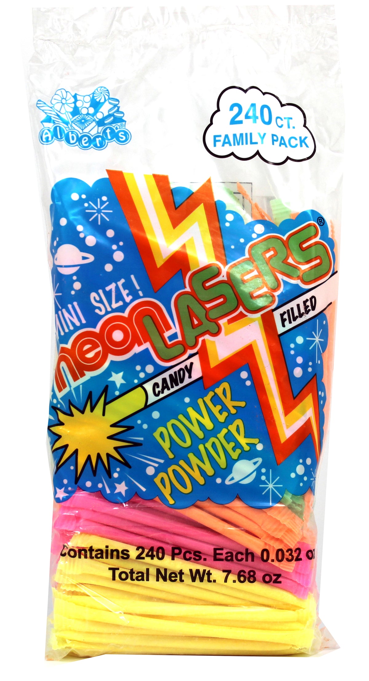 Albert's Neon Laser Strawz candy straws, 240-count bag, made in Mexico