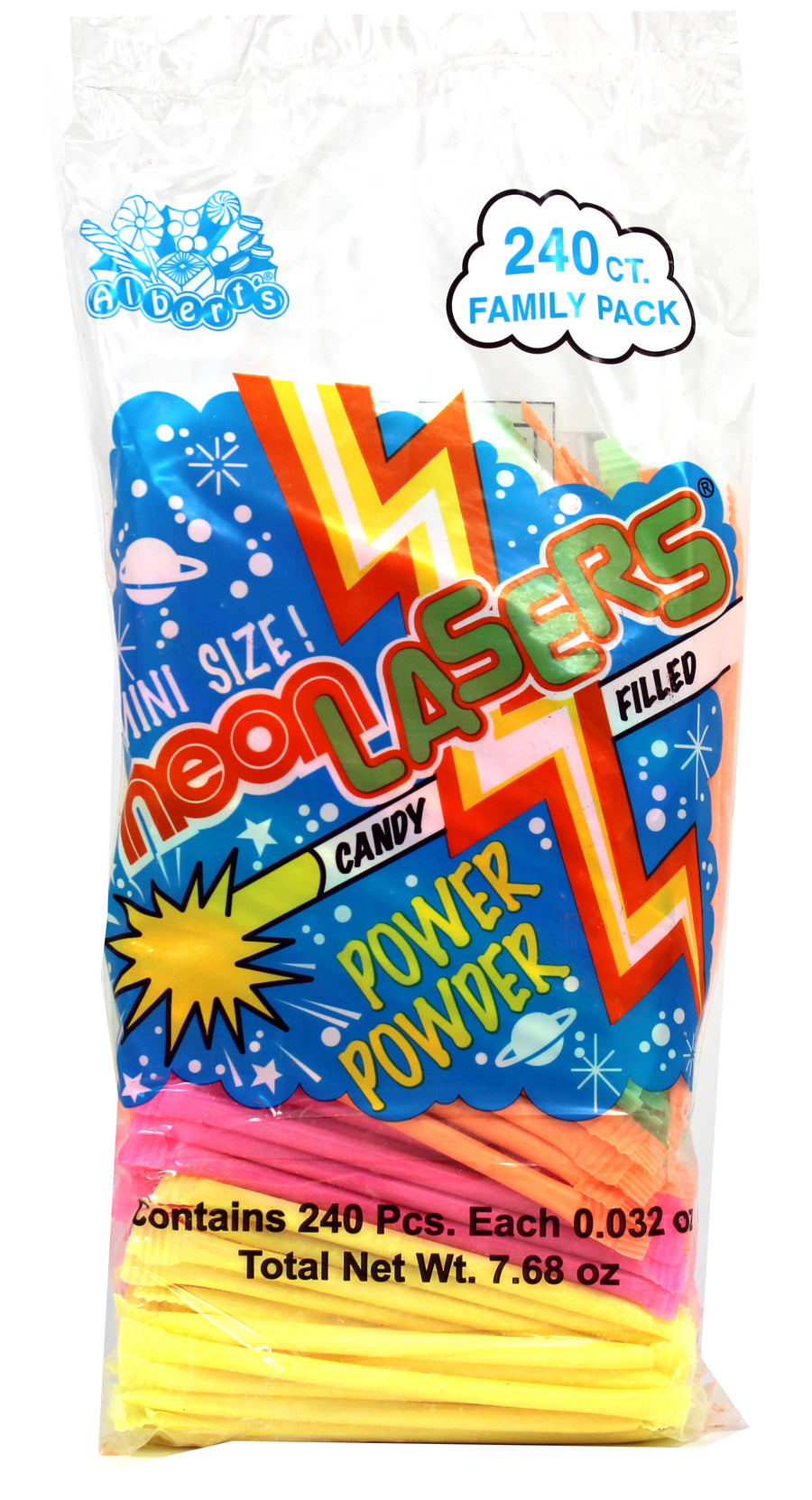 Albert's Neon Laser Strawz candy straws, 240-count bag, made in Mexico