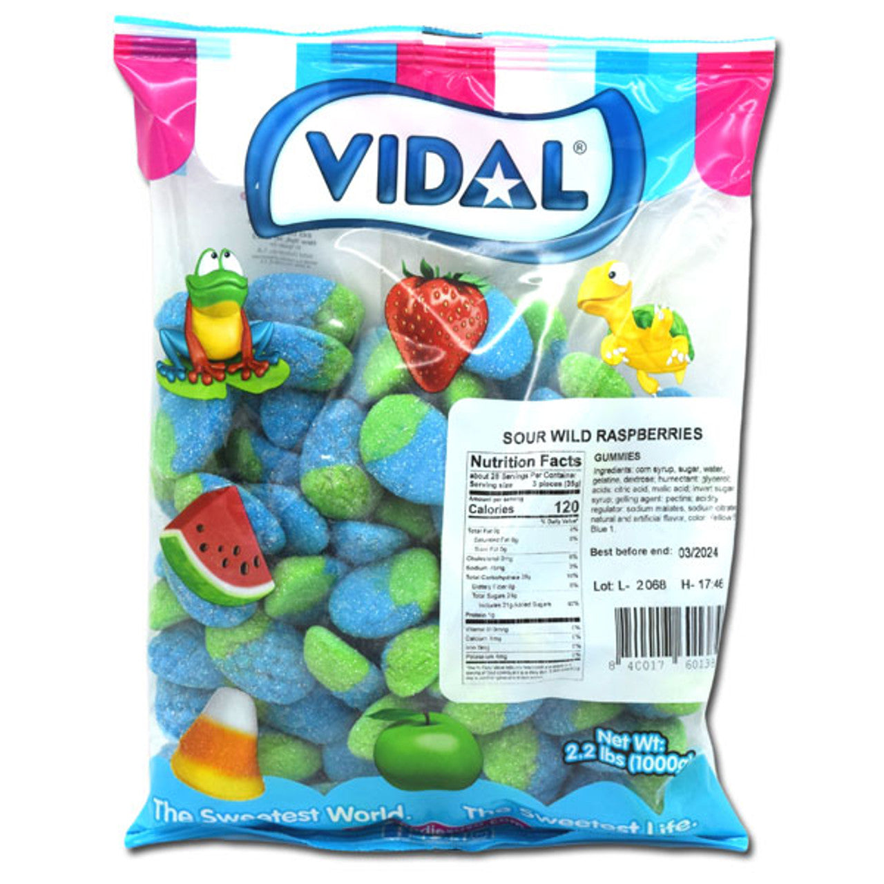 Vidal sour wild raspberries bulk gummi candy, 2.2 lb bag, made in Spain