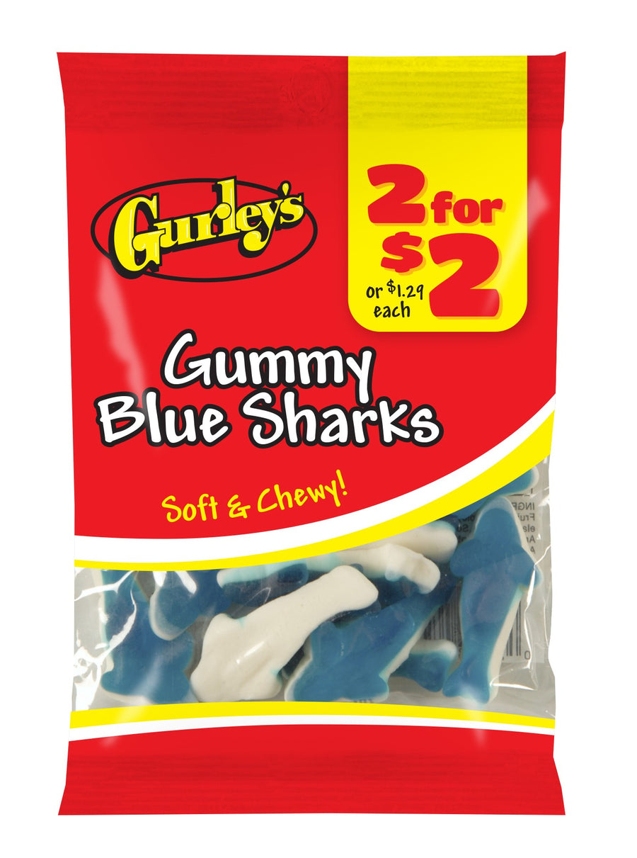 Gurleys Candy Line Gummy Blue Sharks, case of 12, made in United States