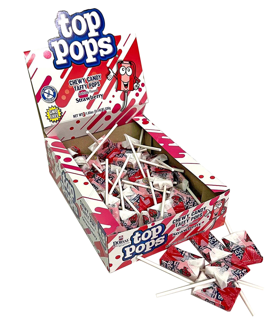 Dorval Top Pops strawberry flat lollipops, 0.35 oz, made in Netherlands