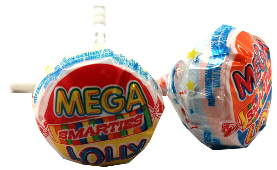 Smarties Mega Lollies counter box, 1.09 oz, made in USA