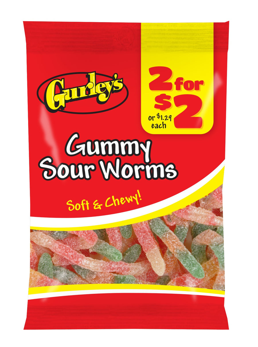 Gurleys Candy Line Gummy Sour Worms, case of 12, made in United States