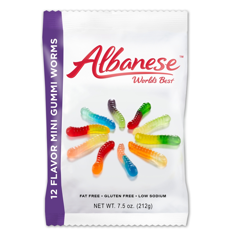 Albanese Mini Gummi Worms 12 Flavour 7.5 oz peg bag, gummi candy, made in USA