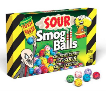 Toxic Waste Sour Smog Balls Theater Box novelty candy, 3.50 oz, made in Pakistan