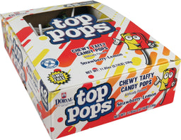 Dorval Top Pops strawberry and lemon flat lollipops, 0.35 oz, made in Mexico