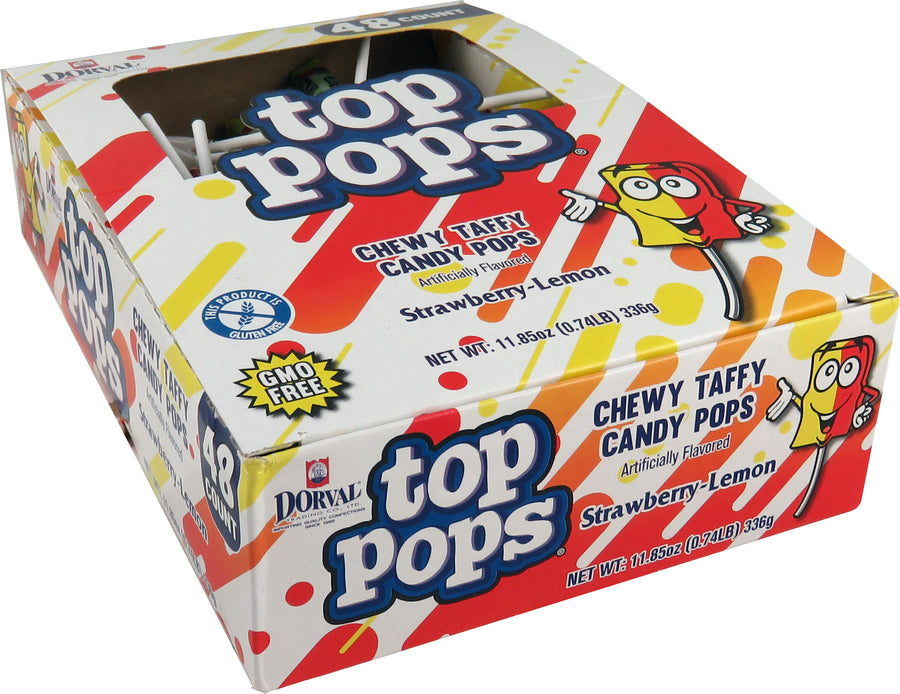 Dorval Top Pops strawberry and lemon flat lollipops, 0.35 oz, made in Mexico