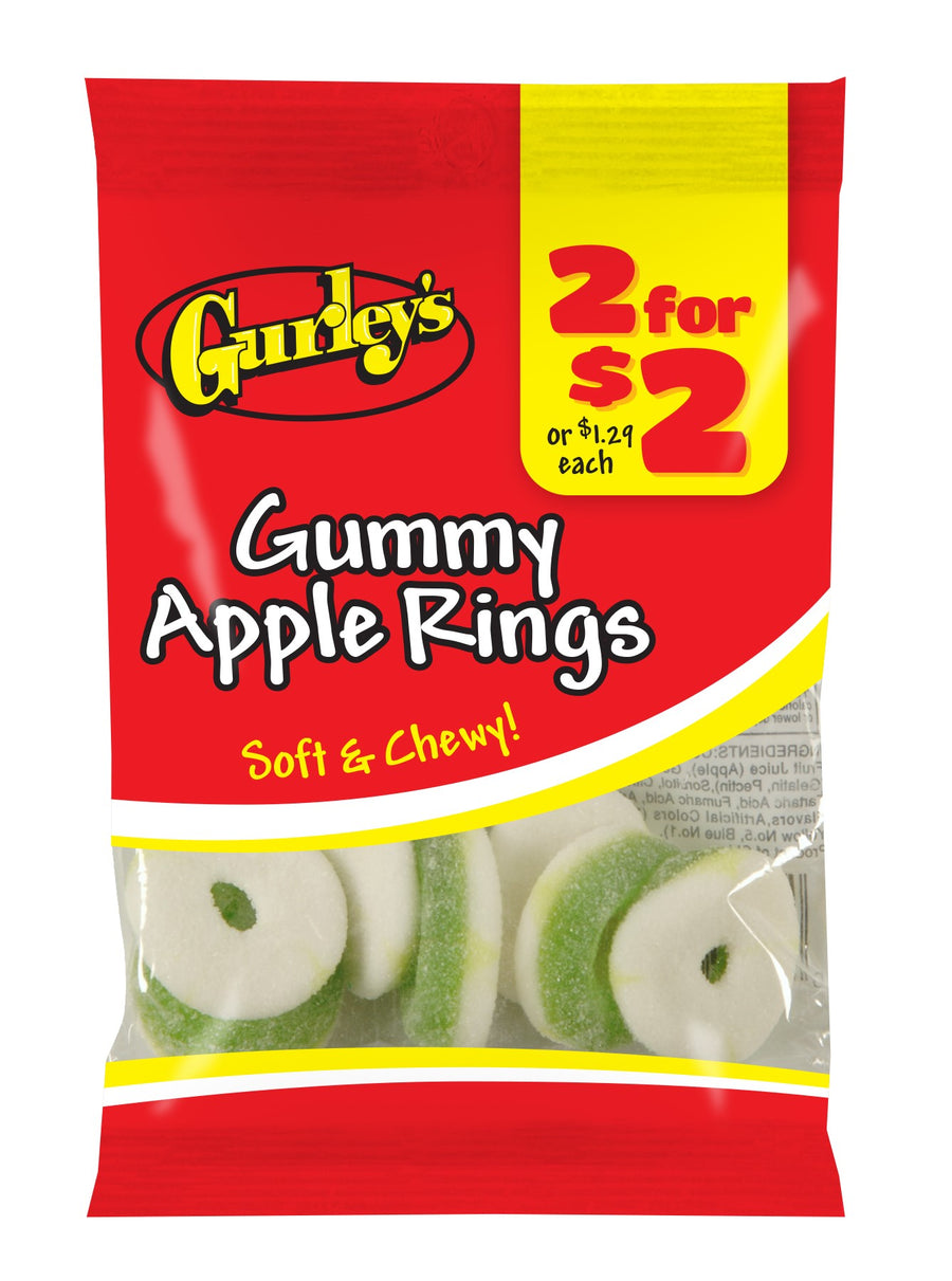 Gurleys Candy Line Gummy Apple Rings, case of 12, made in United States