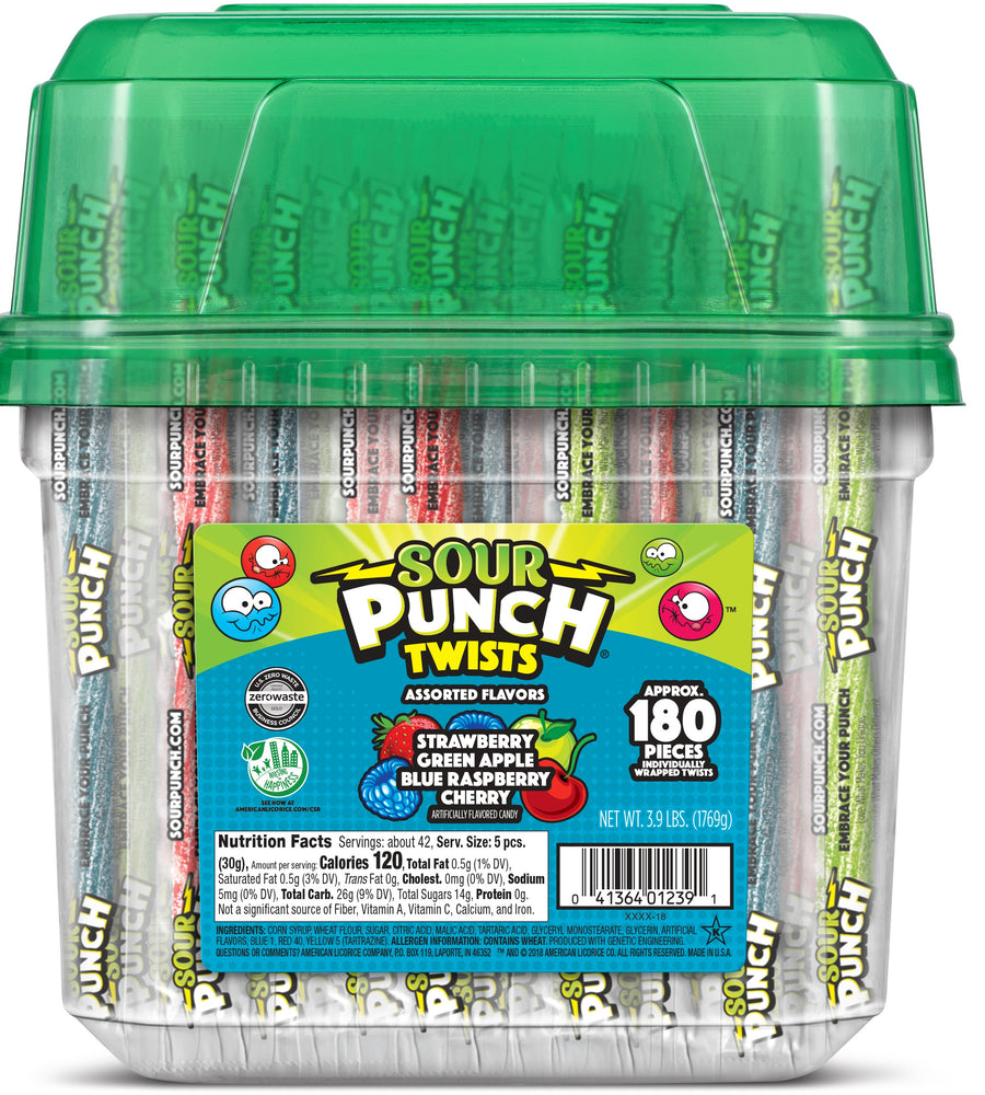 Sour Punch Twists 4 Flavour Tub 3lbs, .35 oz (10 G), made in USA
