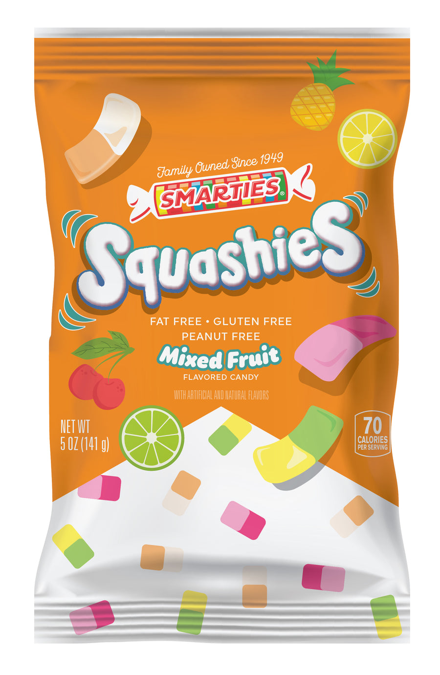 Smarties Squashies Mixed Fruit gummy peg bag, 5 oz, made in USA