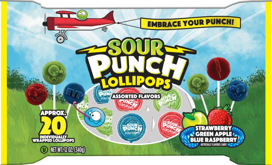 Sour Punch Pops 12 oz laydown bag, sour lollipops, made in USA