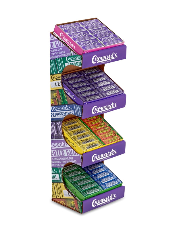 Choward's 4-tier counter display of assorted mints and gum, made in USA