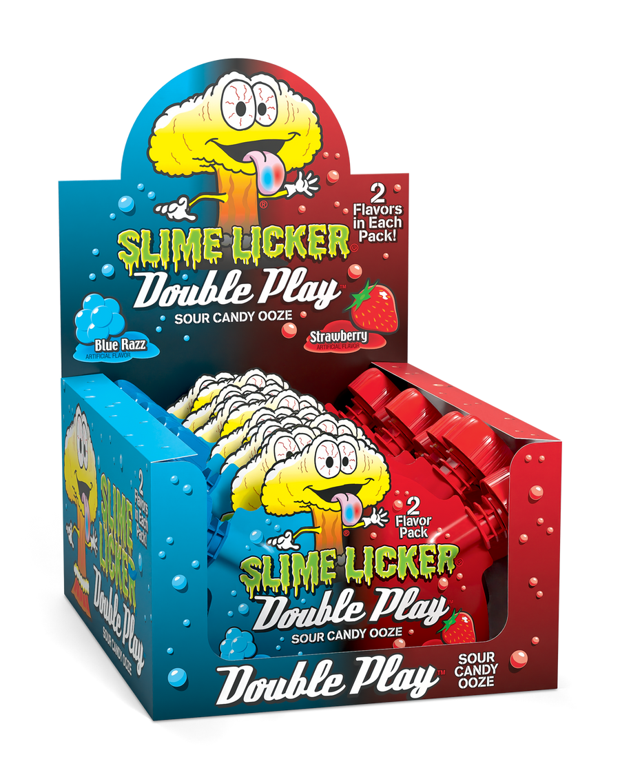 Toxic Waste Slime Licker Double Play Blue Razz and Strawberry novelty candy, 1.4 oz, made in Spain