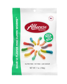 Albanese Sour 12 Flavour Mini Gummi Worms 7 oz peg bag, gummi candy, made in USA