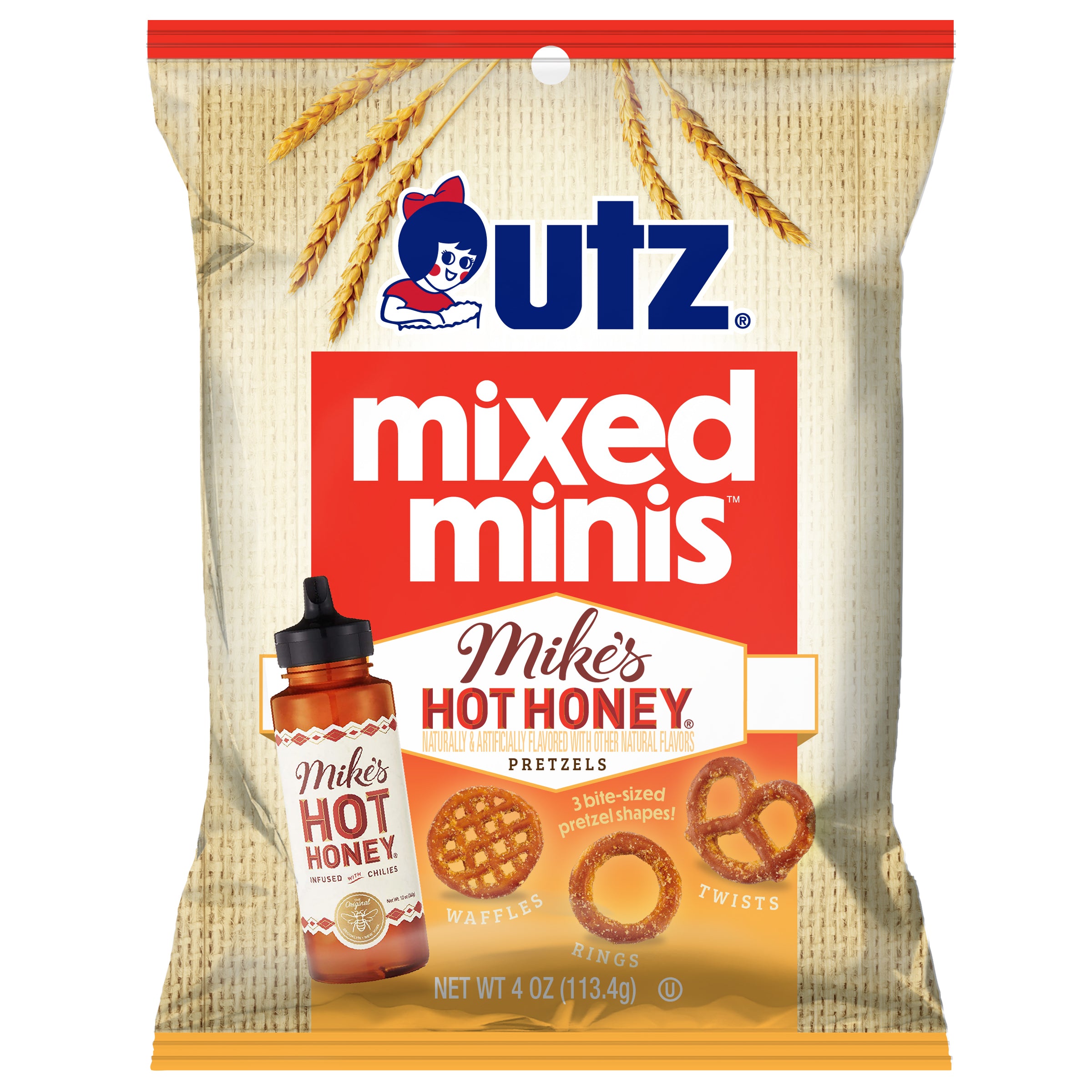 utz mikes hot honey mixed minis pretzels, 4 oz, made in the USA