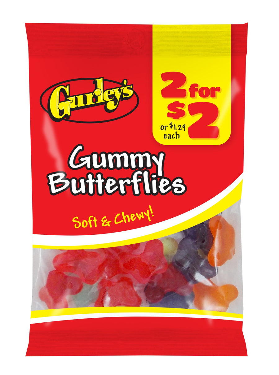 Gurleys Candy Line Gummy Butterflies, case of 12, made in United States