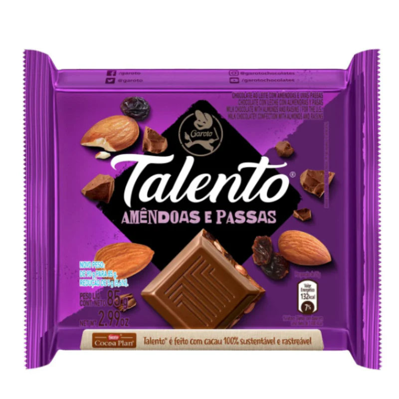 TALENTO MILK CHOCOLATE WITH BRAZIL NUTS AND ALMOND 85 g (1 Box of 96 Units) Import Export Trading Company Montreal Quebec Canada